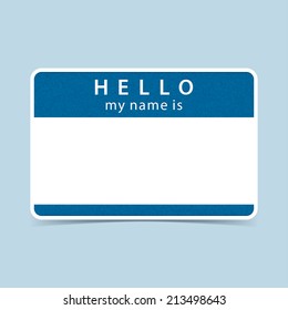 Cobalt blue blank name tag sticker HELLO my name is. Rounded rectangular badge with gray drop shadow on color background. Vector illustration clip-art element for design in 10 eps