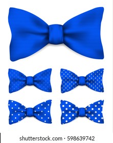 Cobalt blue bow tie with white dots realistic vector illustration set isolated on white background