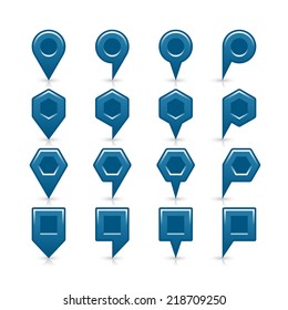 Cobalt blue color map pin sign satin location icon with dark empty copy space and gray shadow, reflection isolated on white background. Web design element save in vector illustration 8 eps