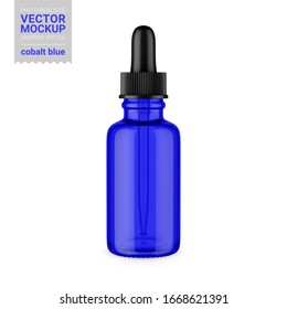 Cobalt blue glass dropper bottle. Editable glass and liquid colors. Contains accurate mesh to wrap your design with envelope distortion. Photo-realistic packaging mockup template. Vector illustration.