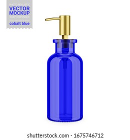 Cobalt Blue Glass Soap Dispenser Bottle. Editable Glass, Liquid And Pump Colors. Contains Accurate Mesh To Wrap Your Design With Envelope Distortion. Photo-realistic Packaging Mockup Template.