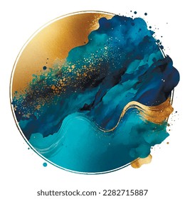 Cobalt blue golden watercolor splash blot splatter stain with gold glitters. Watercolor brush strokes. Beautiful modern hand drawn vector illustration. Isolated colorful design on white background.