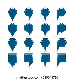 Cobalt blue map pin sign satin location icon with copy space and gray reflection and shadow isolated on white background. Web design element save in vector illustration 8 eps