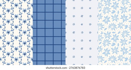 Cobalt blue seamless pattern set with hand-drawn flowers, leaves, and grid motifs. Perfect for high-quality textiles, boutique branding, wallpaper, and stationery projects.