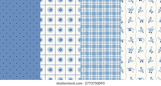 Cobalt blue seamless patterns set with rustic ducks, floral tiles, and hand-drawn plaid. Perfect for high-quality textiles, boutique branding, wallpaper, and stationery projects.