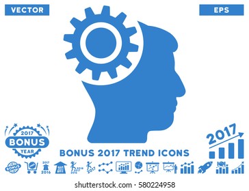 Cobalt Brain Gear icon with bonus 2017 year trend symbols. Vector illustration style is flat iconic symbols, white background.