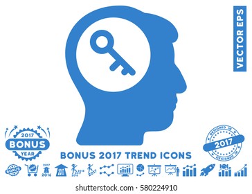 Cobalt Brain Key icon with bonus 2017 trend pictograms. Vector illustration style is flat iconic symbols, white background.