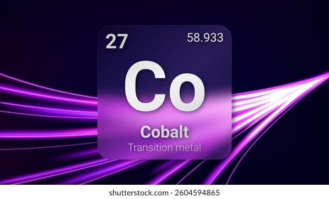 Cobalt (Co) (027) Transition Metal, Glass Morphism Element Futuristic Neon Light Glow Background Periodic Table, Chemical Symbol, Name, Atomic Mass, Atomic Number, Vector Illustration