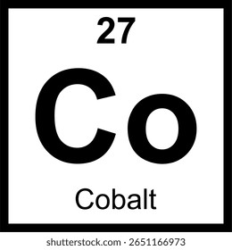 Quadro periódico de cobalto (Co) dos elementos. Ícone com número atômico 27. Metal de transição usado em ímãs, ligas de alta resistência e baterias.