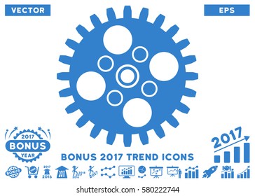 Cobalt Cogwheel pictogram with bonus 2017 year trend images. Vector illustration style is flat iconic symbols, white background.