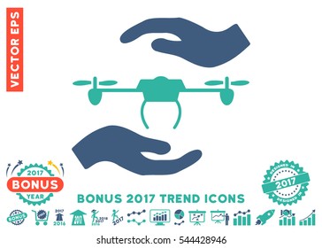 Cobalt And Cyan Airdrone Care Hands pictogram with bonus 2017 year trend symbols. Vector illustration style is flat iconic bicolor symbols, white background.