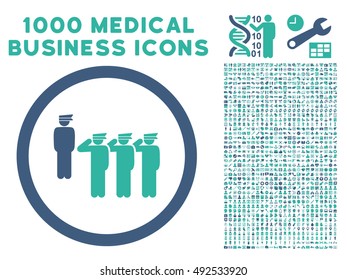 Cobalt And Cyan Army Squad vector bicolor rounded icon. Image style is a flat icon symbol inside a circle, white background. Bonus set contains 1000 medicine business design elements.