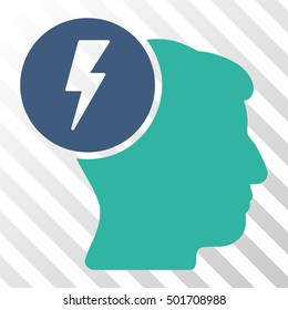 Cobalt And Cyan Brain Electricity interface toolbar icon. Vector pictograph style is a flat bicolor symbol on diagonal hatch transparent background.