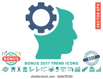 Cobalt And Cyan Brain Gear icon with bonus 2017 trend symbols. Vector illustration style is flat iconic bicolor symbols, white background.