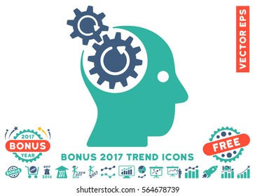 Cobalt And Cyan Brain Gears Rotation icon with bonus 2017 trend pictograms. Vector illustration style is flat iconic bicolor symbols, white background.