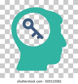 Cobalt And Cyan Brain Key interface pictogram. Vector pictogram style is a flat bicolor symbol on chess transparent background.