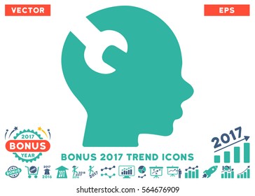 Cobalt And Cyan Brain Wrench Tool icon with bonus 2017 trend elements. Vector illustration style is flat iconic bicolor symbols, white background.