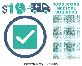 Cobalt And Cyan Check vector bicolor rounded icon. Image style is a flat icon symbol inside a circle, white background. Bonus clipart is 1000 medical business design elements.