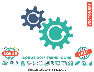 Cobalt And Cyan Cogs Rotation icon with bonus 2017 year trend icon set. Vector illustration style is flat iconic bicolor symbols, white background.