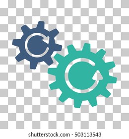 Cobalt And Cyan Cogs Rotation toolbar icon. Vector pictograph style is a flat bicolor symbol on chess transparent background.