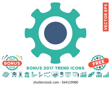 Cobalt And Cyan Cogwheel icon with bonus 2017 trend symbols. Vector illustration style is flat iconic bicolor symbols, white background.