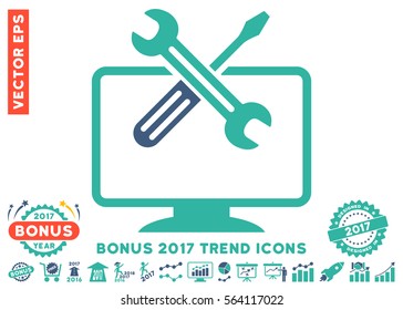 Cobalt And Cyan Computer Tools pictograph with bonus 2017 year trend pictures. Vector illustration style is flat iconic bicolor symbols, white background.