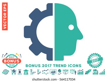 Cobalt And Cyan Cyborg Head icon with bonus 2017 trend icon set. Vector illustration style is flat iconic bicolor symbols, white background.
