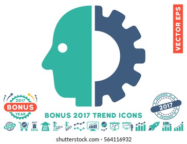Cobalt And Cyan Cyborg Head pictograph with bonus 2017 trend symbols. Vector illustration style is flat iconic bicolor symbols, white background.