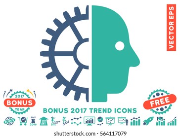 Cobalt And Cyan Cyborg Head pictograph with bonus 2017 trend elements. Vector illustration style is flat iconic bicolor symbols, white background.