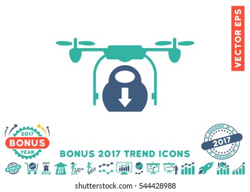 Cobalt And Cyan Drone Drop Cargo icon with bonus 2017 year trend symbols. Vector illustration style is flat iconic bicolor symbols, white background.
