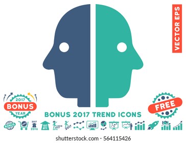 Cobalt And Cyan Dual Face pictogram with bonus 2017 trend symbols. Vector illustration style is flat iconic bicolor symbols, white background.