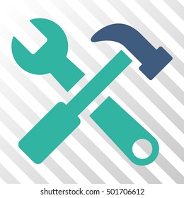 Cobalt And Cyan Hammer and Wrench interface toolbar icon. Vector pictograph style is a flat bicolor symbol on diagonal hatch transparent background.