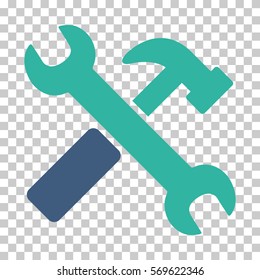 Cobalt And Cyan Hammer and Wrench interface pictogram. Vector pictograph style is a flat bicolor symbol on chess transparent background.