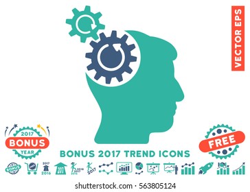 Cobalt And Cyan Head Cogs Rotation pictograph with bonus 2017 year trend pictograph collection. Vector illustration style is flat iconic bicolor symbols, white background.