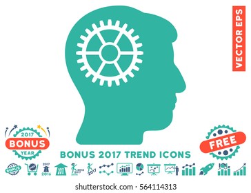 Cobalt And Cyan Intellect Cog icon with bonus 2017 trend elements. Vector illustration style is flat iconic bicolor symbols, white background.