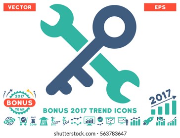 Cobalt And Cyan Key Tools icon with bonus 2017 year trend icon set. Vector illustration style is flat iconic bicolor symbols, white background.