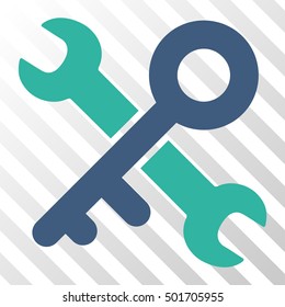 Cobalt And Cyan Key Tools interface pictogram. Vector pictograph style is a flat bicolor symbol on diagonal hatch transparent background.
