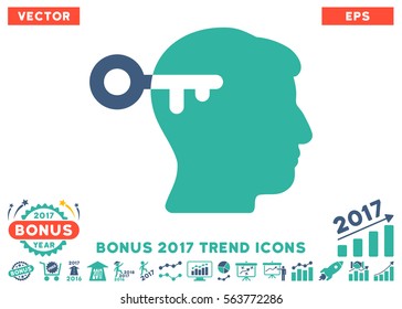 Cobalt And Cyan Mind Key icon with bonus 2017 year trend clip art. Vector illustration style is flat iconic bicolor symbols, white background.