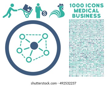 Cobalt And Cyan Molecule Links vector bicolor rounded icon. Image style is a flat icon symbol inside a circle, white background. Bonus clipart includes 1000 medicine business pictographs.