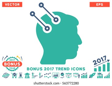 Cobalt And Cyan Neural Interface Connectors pictograph with bonus 2017 trend pictograms. Vector illustration style is flat iconic bicolor symbols, white background.