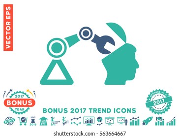 Cobalt And Cyan Open Head Surgery Manipulator icon with bonus 2017 trend clip art. Vector illustration style is flat iconic bicolor symbols, white background.