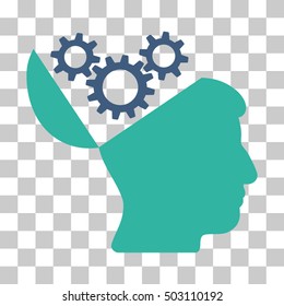 Cobalt And Cyan Open Mind Gears toolbar pictogram. Vector pictograph style is a flat bicolor symbol on chess transparent background.