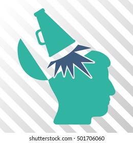 Cobalt And Cyan Open Mind Megaphone toolbar pictogram. Vector pictogram style is a flat bicolor symbol on diagonal hatch transparent background.