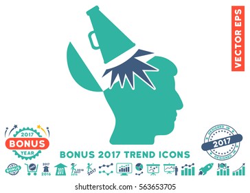 Cobalt And Cyan Open Mind Megaphone icon with bonus 2017 year trend design elements. Vector illustration style is flat iconic bicolor symbols, white background.