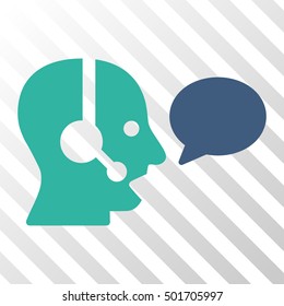 Cobalt And Cyan Operator Message Balloon toolbar icon. Vector pictogram style is a flat bicolor symbol on diagonal hatch transparent background.