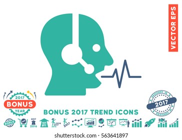 Cobalt And Cyan Operator Speech icon with bonus 2017 year trend images. Vector illustration style is flat iconic bicolor symbols, white background.