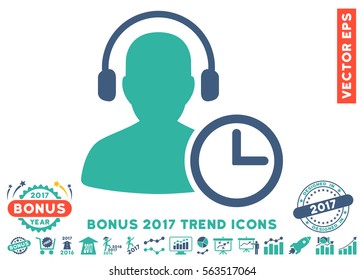 Cobalt And Cyan Operator Time icon with bonus 2017 trend pictograph collection. Vector illustration style is flat iconic bicolor symbols, white background.