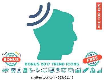 Cobalt And Cyan Radio Reception Brain pictogram with bonus 2017 year trend images. Vector illustration style is flat iconic bicolor symbols, white background.
