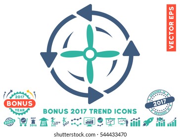 Cobalt And Cyan Screw Rotation pictograph with bonus 2017 trend pictograph collection. Vector illustration style is flat iconic bicolor symbols, white background.