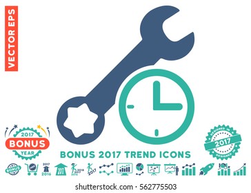 Cobalt And Cyan Service Time pictogram with bonus 2017 year trend icon set. Vector illustration style is flat iconic bicolor symbols, white background.